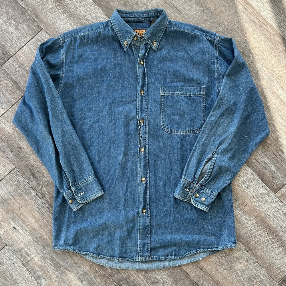 Vintage Faded Glory Men's Blue Denim Long Sleeve Button-Up Shirt Medium Fall